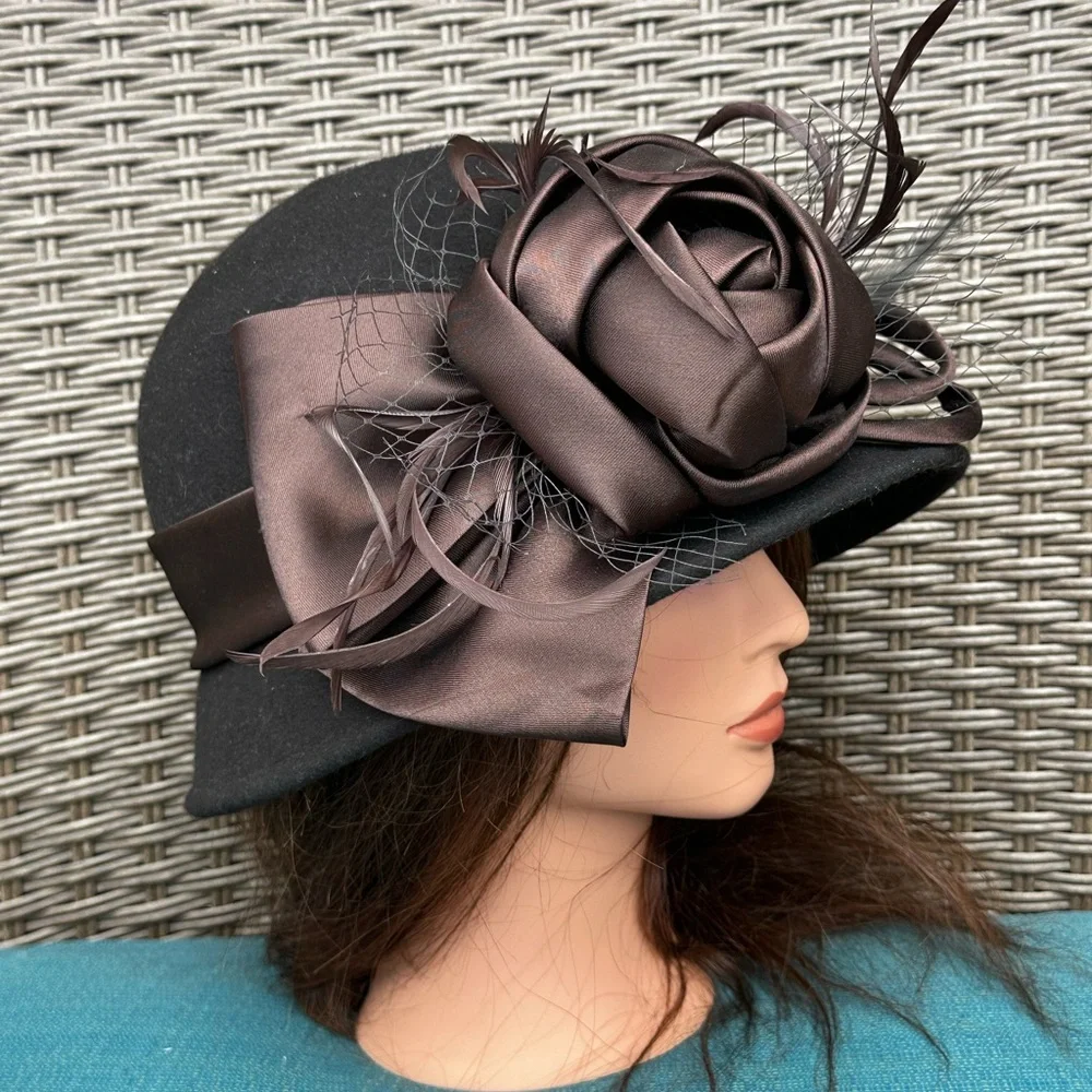 100% WOOL FELT Cloche Hat with Brown Satin Rose and Feather Detail Pretty Easter - Picture 9 of 13